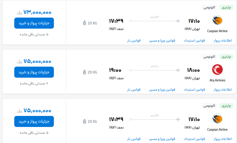 قیمت بلیط هواپیما تهران-نجف، امروز ۱۲ اردیبهشت ۱۴۰۳