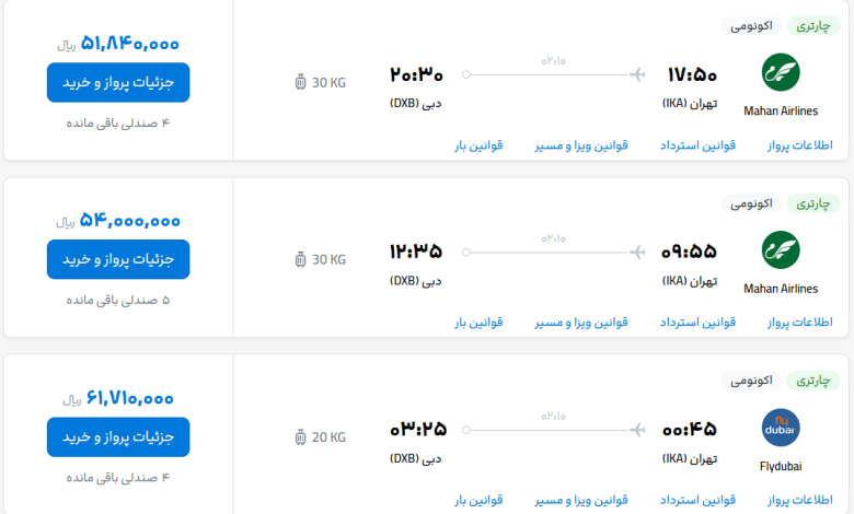 قیمت بلیط هواپیما تهران-دبی، امروز ۱۹ اردیبهشت ۱۴۰۳