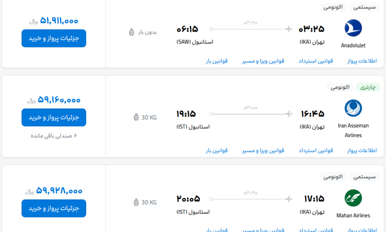 قیمت بلیط هواپیما تهران-استانبول، امروز ۲۰ اردیبهشت ۱۴۰۳