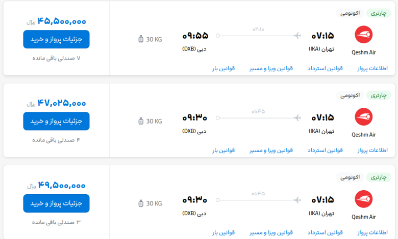 قیمت بلیط هواپیما تهران-دبی، امروز ۲۲ اردیبهشت ۱۴۰۳