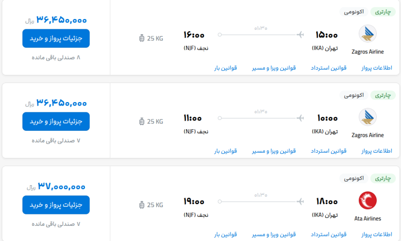 قیمت بلیط هواپیما تهران-نجف، امروز ۲ خرداد ۱۴۰۳