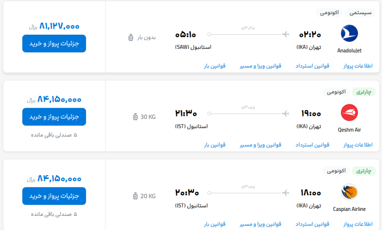 قیمت بلیط هواپیما تهران-استانبول، امروز ۴ تیر ۱۴۰۳