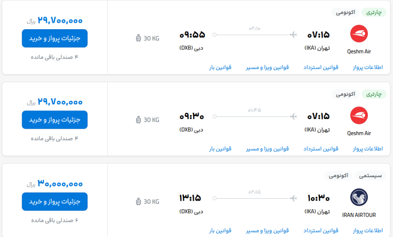 قیمت بلیط هواپیما تهران-دبی، امروز ۱۲ تیر ۱۴۰۳