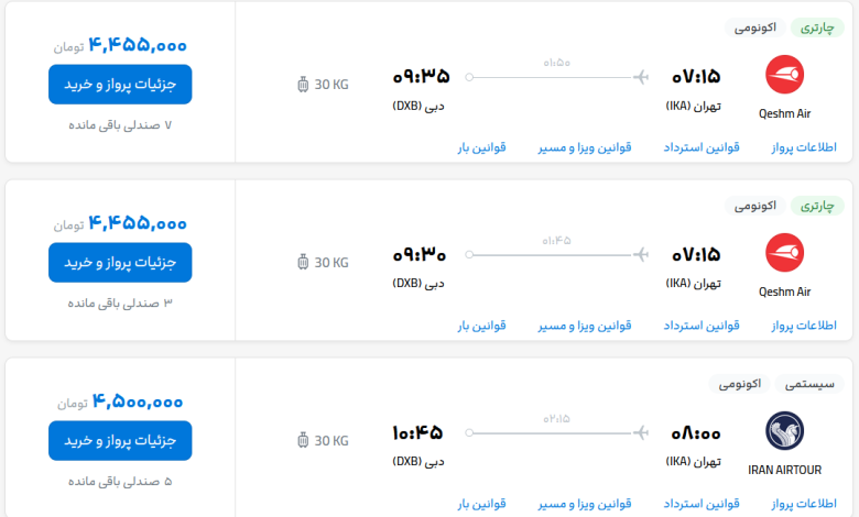 قیمت بلیط هواپیما تهران-دبی، امروز ۴ مرداد ۱۴۰۳