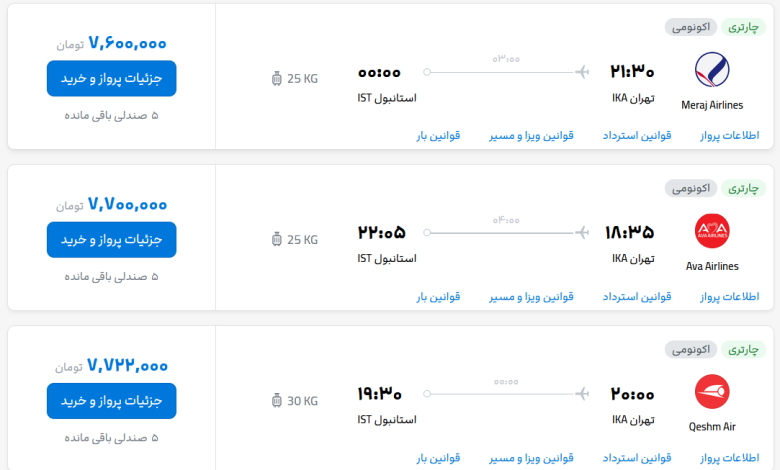 قیمت بلیط هواپیما تهران-استانبول، امروز ۱۵ شهریور ۱۴۰۳