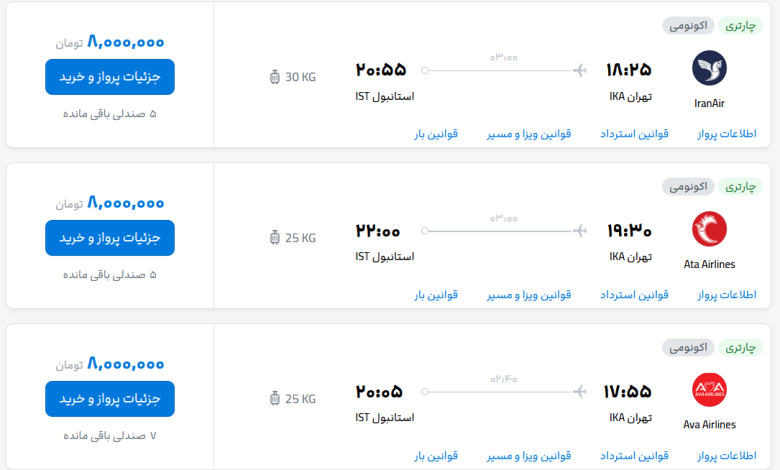 قیمت بلیط هواپیما تهران-استانبول، امروز ۱۰ مهر ۱۴۰۳