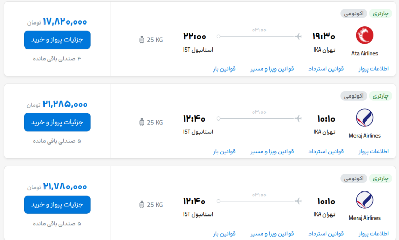 قیمت بلیط هواپیما تهران-استانبول، امروز ۱۸ مهر ۱۴۰۳