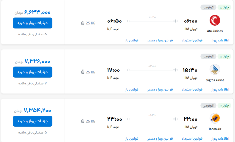 قیمت بلیط هواپیما تهران-نجف، امروز ۱۸ مهر ۱۴۰۳