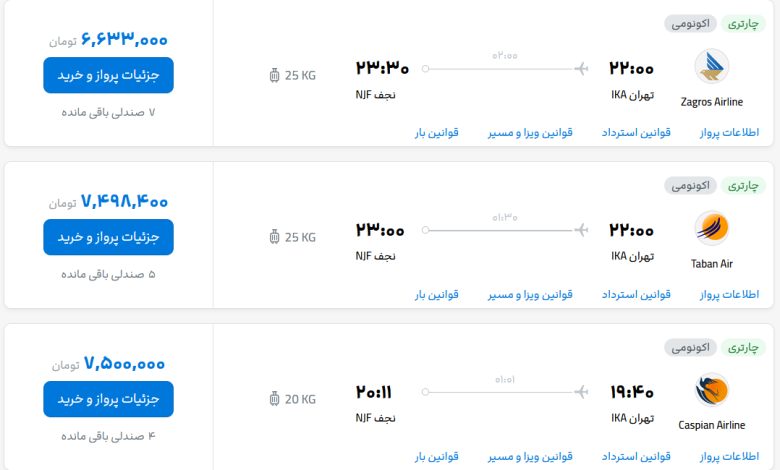 قیمت بلیط هواپیما تهران-نجف، امروز ۲۴ مهر ۱۴۰۳