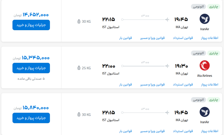 قیمت بلیط هواپیما تهران-استانبول، امروز ۲۵ مهر ۱۴۰۳