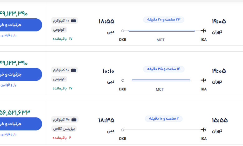 قیمت بلیط هواپیما تهران-دبی، امروز ۳ آبان ۱۴۰۳