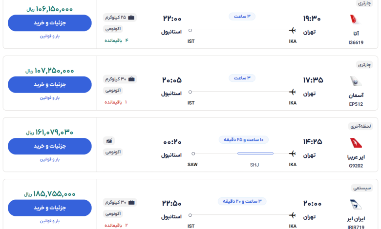 قیمت بلیط هواپیما تهران-استانبول، امروز ۳ مهر ۱۴۰۳