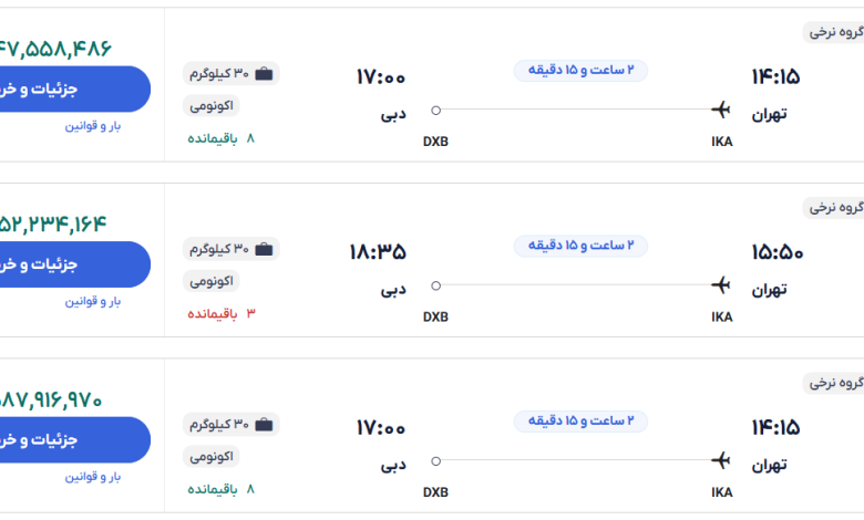 قیمت بلیط هواپیما تهران-دبی، امروز ۶ آبان ۱۴۰۳