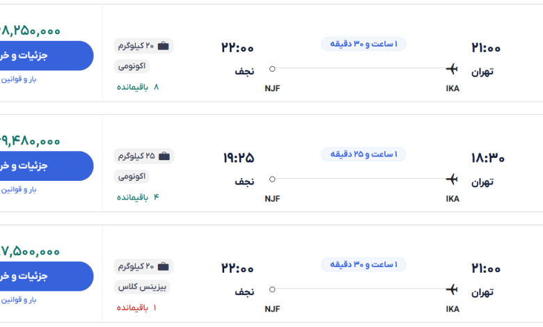 قیمت بلیط هواپیما تهران-نجف، امروز ۸ آبان ۱۴۰۳