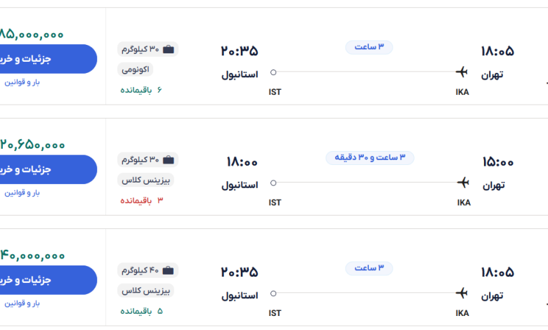 قیمت بلیط هواپیما تهران-استانبول، امروز ۱۴ آبان ۱۴۰۳