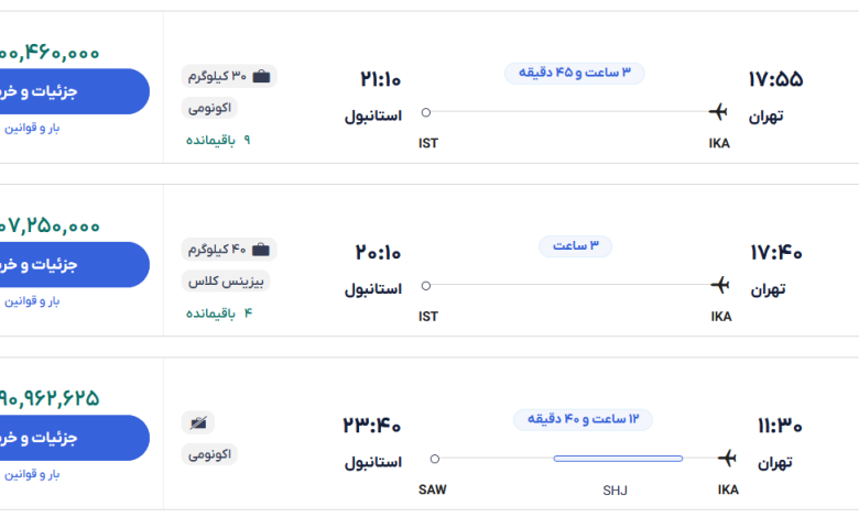 قیمت بلیط هواپیما تهران-استانبول، امروز ۱۵ آبان ۱۴۰۳