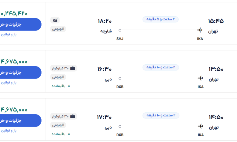 قیمت بلیط هواپیما تهران-دبی، امروز ۲۱ آبان ۱۴۰۳