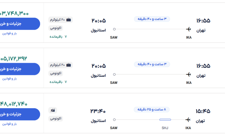 قیمت بلیط هواپیما تهران-استانبول، امروز ۲۱ آبان ۱۴۰۳