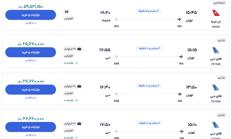 قیمت بلیط هواپیما تهران-دبی، امروز ۲۴ آبان ۱۴۰۳