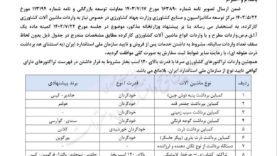 واردات ماشین آلات کشاورزی کارکرده آزاد شد