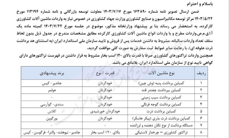 واردات ماشین آلات کشاورزی کارکرده آزاد شد