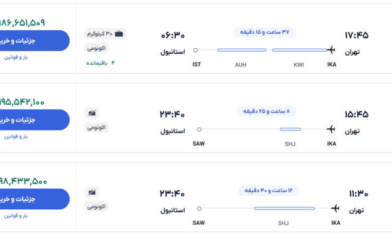 قیمت بلیط هواپیما تهران-استانبول، امروز ۱۴ آذر ۱۴۰۳