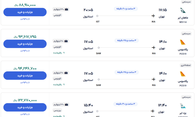 قیمت بلیط هواپیما تهران-استانبول، امروز ۱۷ آذر ۱۴۰۳