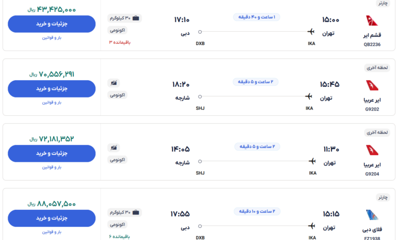 قیمت بلیط هواپیما تهران-دبی، امروز ۱۷ دی ۱۴۰۳