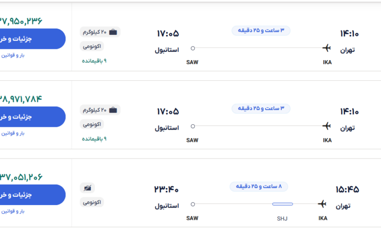 قیمت بلیط هواپیما تهران-استانبول، امروز ۲۲ دی ۱۴۰۳