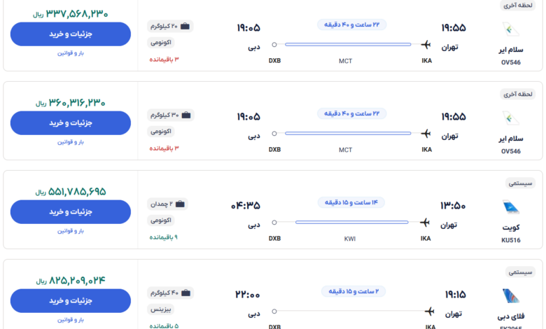 قیمت بلیط هواپیما تهران-دبی، امروز ۳۰ دی ۱۴۰۳