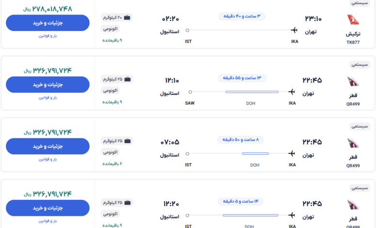 قیمت بلیط هواپیما تهران-استانبول، امروز ۴ بهمن ۱۴۰۳