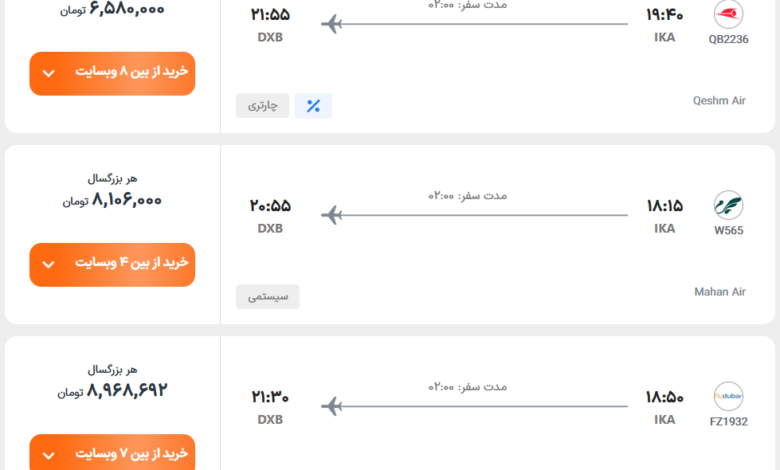 قیمت بلیط هواپیما تهران-دبی، امروز ۶ بهمن ۱۴۰۳