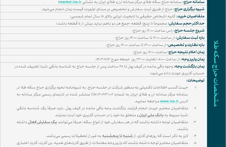 برگزاری حراج انواع سکه ضرب ۱۴۰۳ در روز شنبه ۱۳ بهمن