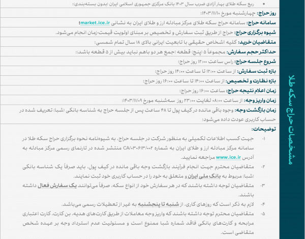 برگزاری حراج تمام و ربع سکه ضرب ۱۴۰۳ در روز چهارشنبه/واریز وجه ۹ بهمن ماه