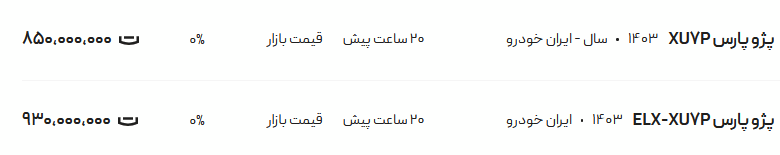 قیمت پژو پارس، امروز ۷ خرداد ۱۴۰۴
