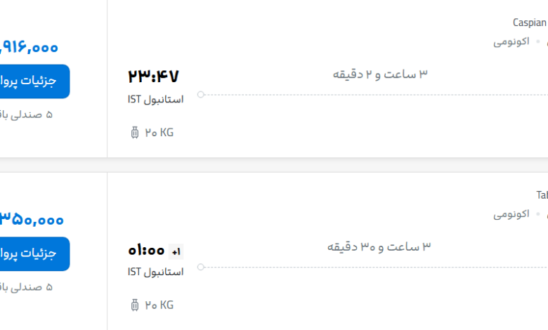 قیمت پرواز تهران - استانبول، امروز شنبه 20 تیر ۱۴۰۵