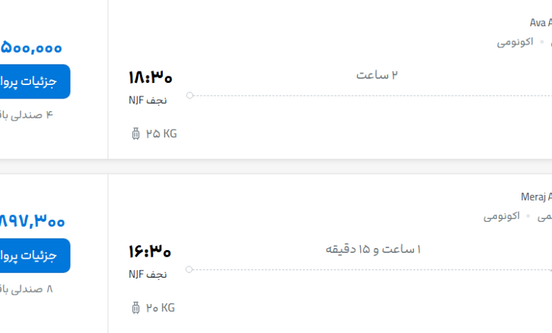 قیمت پرواز تهران - نجف، امروز چهارشنبه ۲۱ مرداد ۱۴۰۵