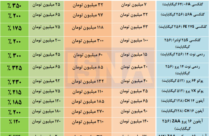 قیمت موبایل در یک سال تا ۴ برابر شد/ گوشی گلکسی A۰۶ با ۳۵۰ درصد افزایش قیمت از ۷ میلیون تومان به ۳۲ میلیون تومان و آیفون ۱۶ با ۲۰۰ درصد افزایش قیمت از ۹۰ میلیون تومان به ۲۷۰ میلیون رسیده