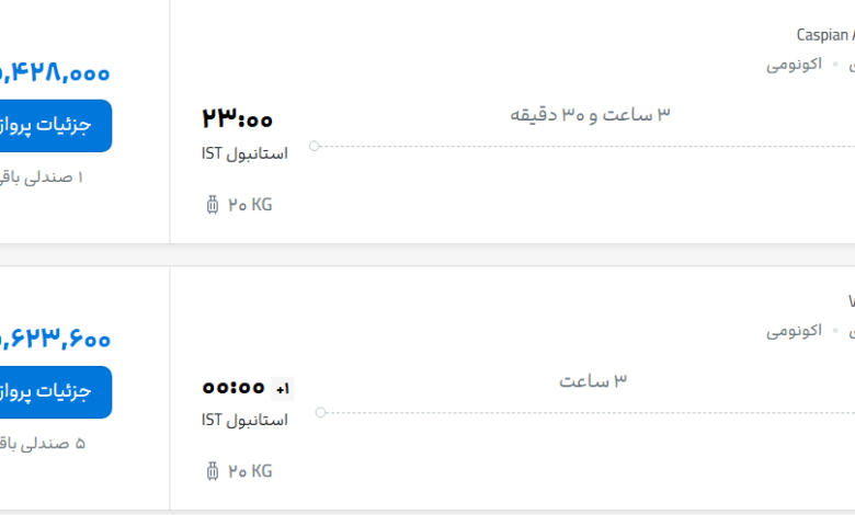 قیمت پرواز تهران - استانبول، امروز یکشنبه ۲۵ مرداد ۱۴۰۵