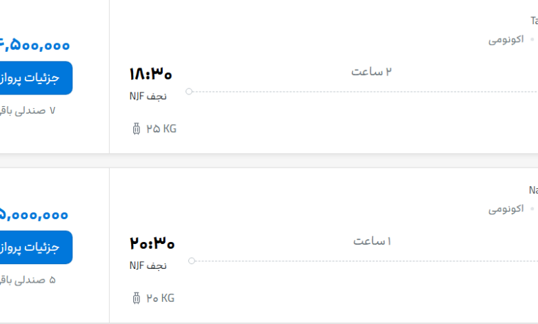 قیمت پرواز تهران - نجف، امروز پنجشنبه ۱۲ شهریور ۱۴۰۵