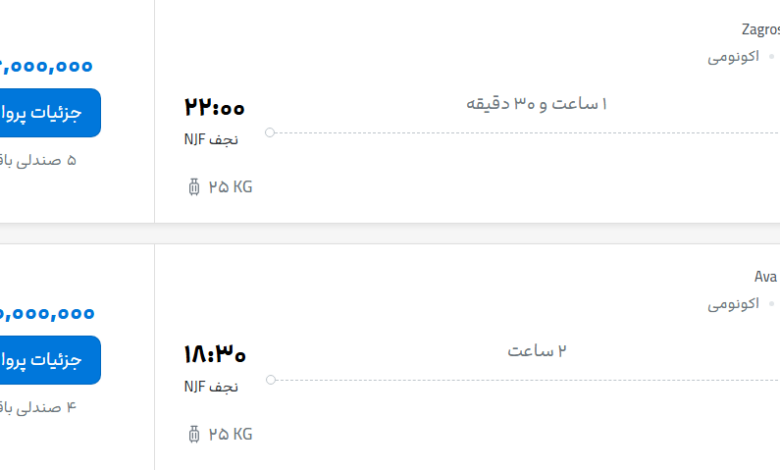 قیمت پرواز تهران - نجف، امروز چهارشنبه ۱۸ شهریور ۱۴۰۵