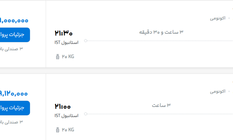 قیمت پرواز تهران - استانبول، امروز شنبه ۲۸ شهریور ۱۴۰۵