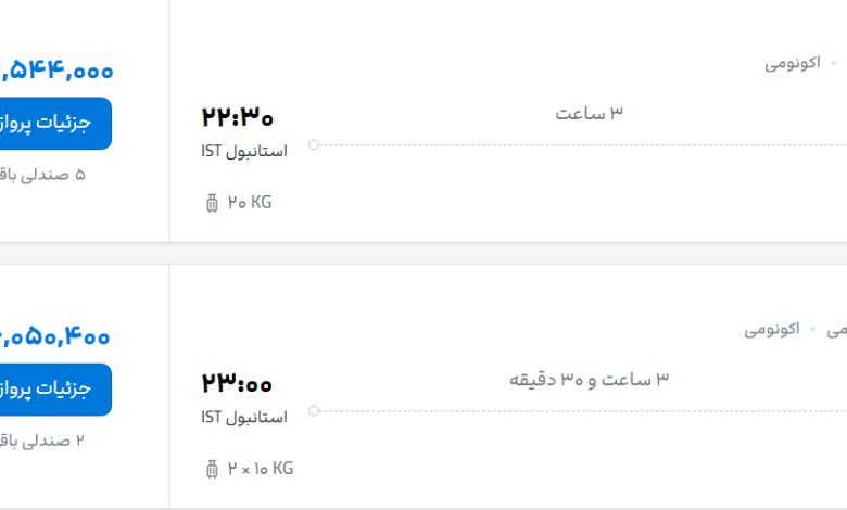 قیمت پرواز تهران - استانبول، امروز چهارشنبه ۸ مهر ۱۴۰۵