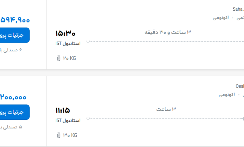 قیمت پرواز تهران - استانبول، امروز شنبه ۲۱ شهریور ۱۴۰۵