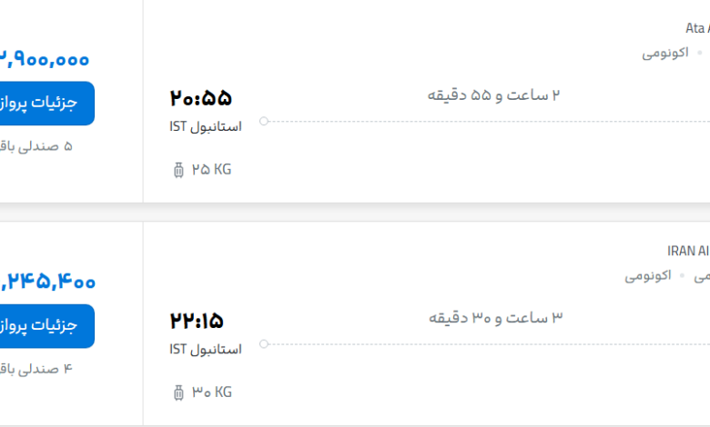 قیمت پرواز تهران - استانبول، امروز سه‌شنبه ۲۴ شهریور ۱۴۰۵