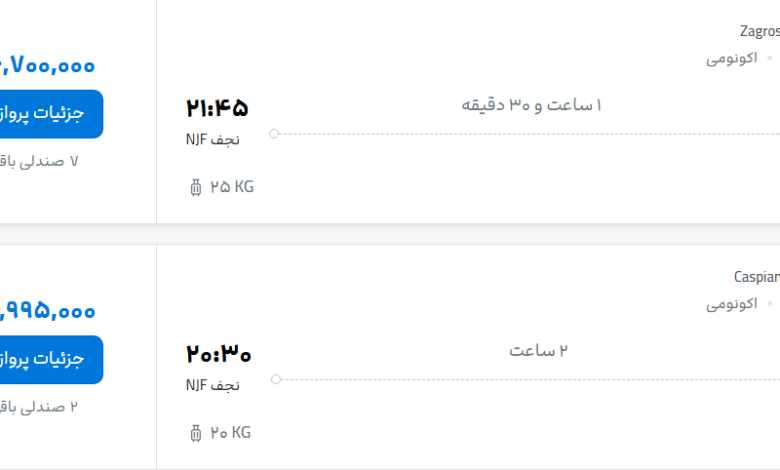 قیمت پرواز تهران - نجف، امروز چهارشنبه ۲۹ مهر ۱۴۰۵