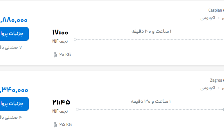 قیمت پرواز تهران - نجف، امروز یکشنبه ۱۲ مهر ۱۴۰۵