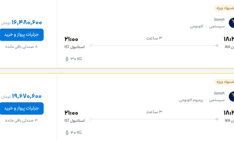 قیمت پرواز تهران - استانبول، امروز سهشنبه ۵ آبان ۱۴۰۵