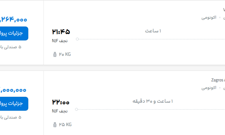 قیمت پرواز تهران - نجف، امروز دوشنبه ۴ آبان ۱۴۰۵