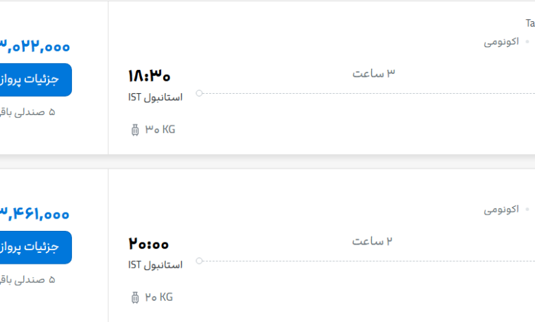 قیمت پرواز تهران - استانبول، امروز دوشنبه ۲۰ مهر ۱۴۰۵